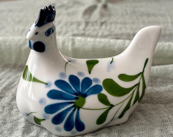 Vintage Dansk Sage Song Chicken Figurine | Blue White Floral Ceramic Hen | Farmhouse Kitchen Decor