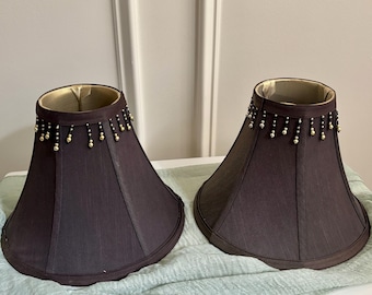 Vintage Black Beaded Lamp Shades Pair | Spider Fitter Empire Shades | Hollywood Regency Decor