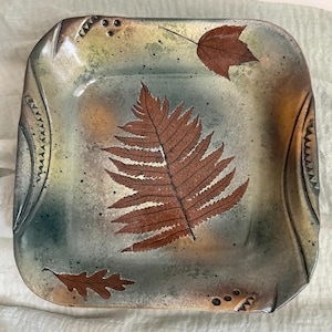 Signed Steve DePerrot Handmade Pottery Leaf Impressed Stoneware Serving Bowl | Pennsylvania Art