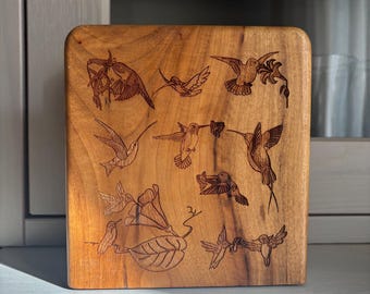 Hummingbird Etched Myrtlewood Napkin Holder - An Original from Woods of the West