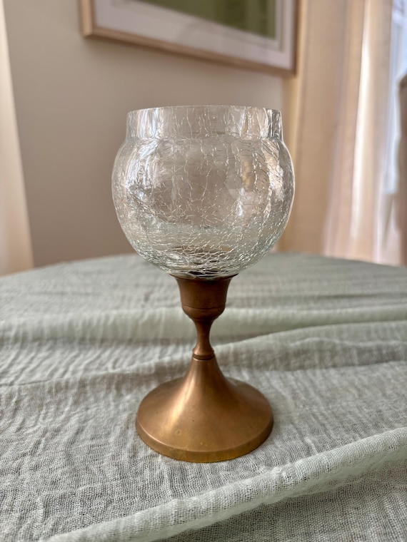 Vintage Crackle Glass Candle Holder with Brass Stand | Hollywood Regency Decor | Votive Holder