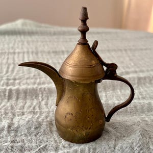 May include: A small brass coffee pot featuring a bulbous body with etched feather-like patterns, a long curved spout, a hinged lid topped with a pointed finial, and a curved handle. The metal surface shows a weathered, aged patina throughout.