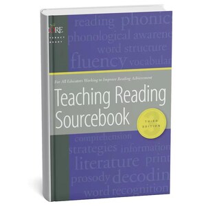 May include: A hardcover book titled "Teaching Reading Sourcebook, Third Edition." The cover is primarily purple and gray, with white text listing reading-related topics. A yellow circular seal indicates the edition. The book is designed for educators.