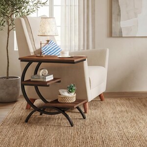 C Shaped End Industrial Side Table 3 Tier Wood Metal, Small Space Bedside Table