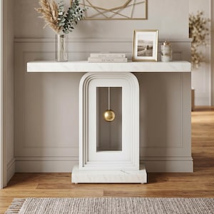 Modern Entryway Console Wood Table: White Faux Marble, Geometric Base, Narrow Hallway Accent Furniture
