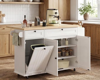 Rolling Kitchen Island Cart, Drop Leaf, Power Outlet, Trash Cabinet, Farmhouse Storage