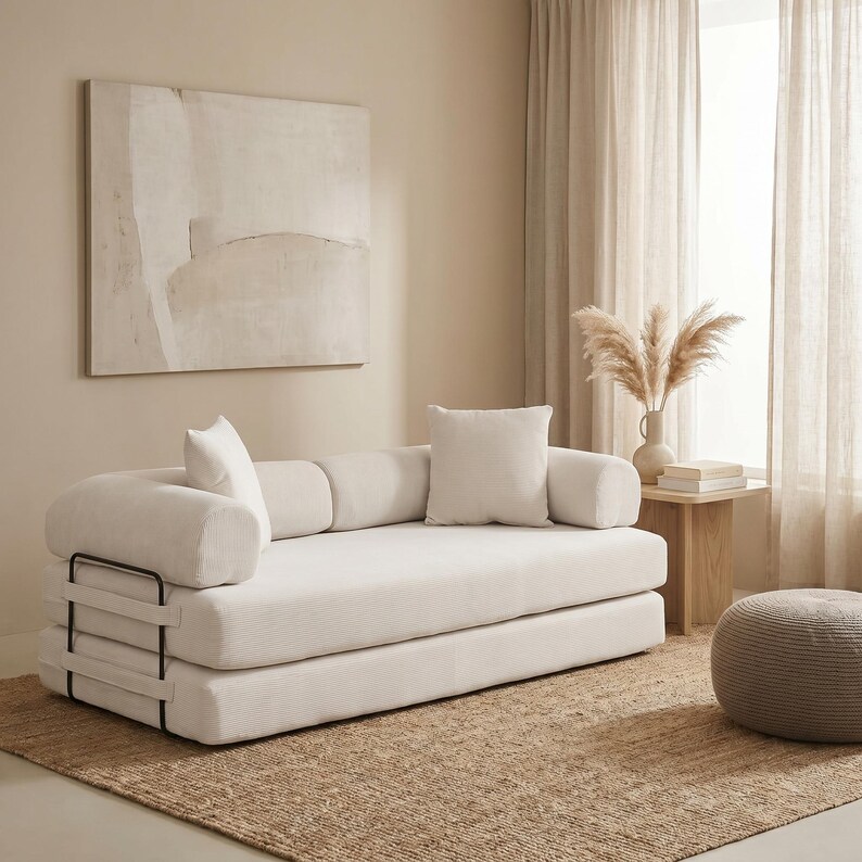 Modern green convertible folding sofa bed with ribbed corduroy fabric in a minimalist living room, featuring modular foam design, removable backrests, matching pillows, beige rug, and soft neutral decor near a large window.