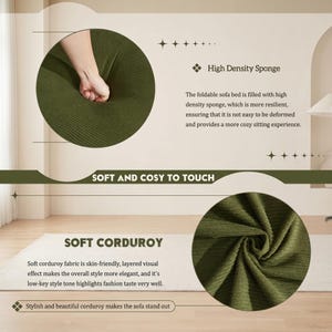 Modern green convertible folding sofa bed with ribbed corduroy fabric in a minimalist living room, featuring modular foam design, removable backrests, matching pillows, beige rug, and soft neutral decor near a large window.