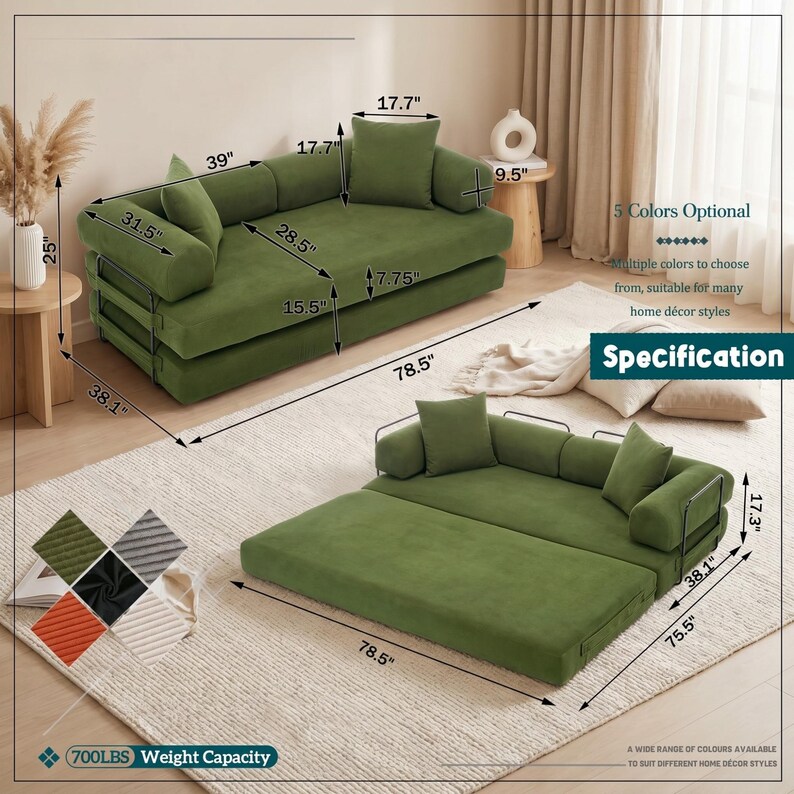 Modern green convertible folding sofa bed with ribbed corduroy fabric in a minimalist living room, featuring modular foam design, removable backrests, matching pillows, beige rug, and soft neutral decor near a large window.