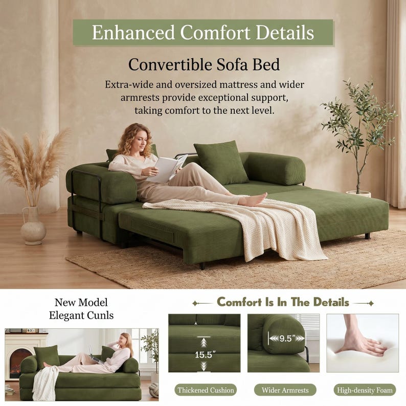 Modern green convertible folding sofa bed with ribbed corduroy fabric in a minimalist living room, featuring modular foam design, removable backrests, matching pillows, beige rug, and soft neutral decor near a large window.