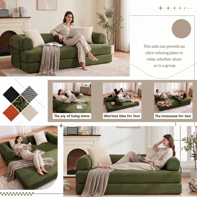 Modern green convertible folding sofa bed with ribbed corduroy fabric in a minimalist living room, featuring modular foam design, removable backrests, matching pillows, beige rug, and soft neutral decor near a large window.