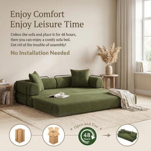 Modern green convertible folding sofa bed with ribbed corduroy fabric in a minimalist living room, featuring modular foam design, removable backrests, matching pillows, beige rug, and soft neutral decor near a large window.