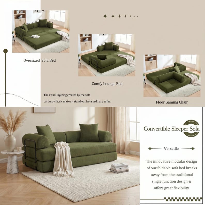 Modern green convertible folding sofa bed with ribbed corduroy fabric in a minimalist living room, featuring modular foam design, removable backrests, matching pillows, beige rug, and soft neutral decor near a large window.
