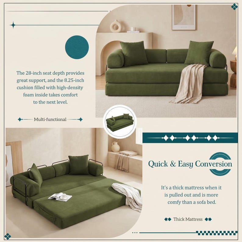 Modern green convertible folding sofa bed with ribbed corduroy fabric in a minimalist living room, featuring modular foam design, removable backrests, matching pillows, beige rug, and soft neutral decor near a large window.