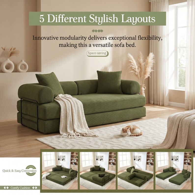 Modern green convertible folding sofa bed with ribbed corduroy fabric in a minimalist living room, featuring modular foam design, removable backrests, matching pillows, beige rug, and soft neutral decor near a large window.