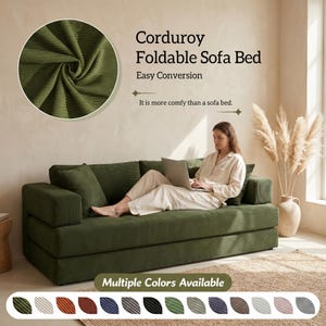 Modern green convertible folding sofa bed with ribbed corduroy fabric in a minimalist living room, featuring modular foam design, removable backrests, matching pillows, beige rug, and soft neutral decor near a large window.