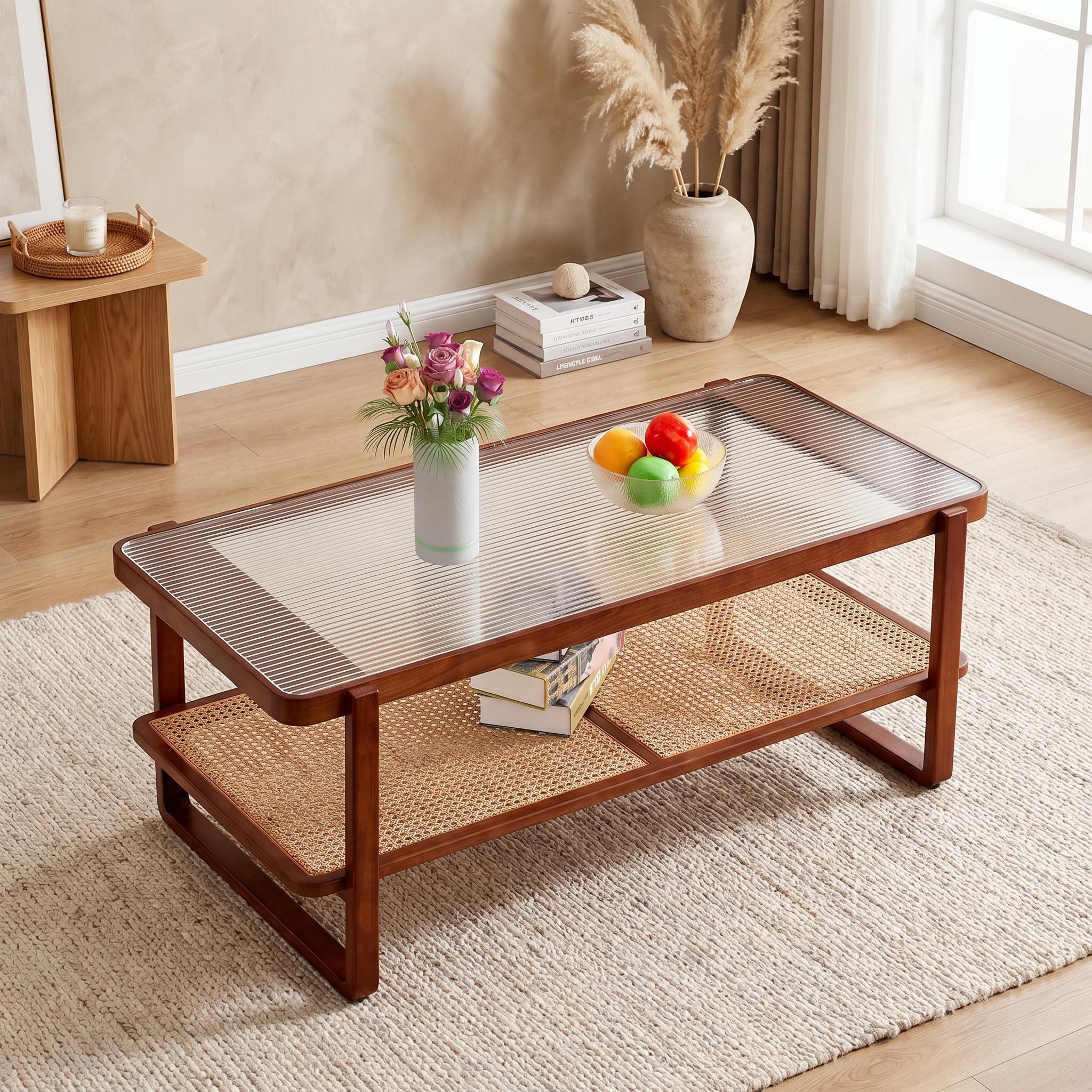 センターテーブル・ローテーブル Vintage Rattan and Glass Top Table Amazon.com - Denver Rattan Wicker Round Dining Table with Glass