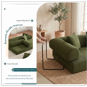 Modern green convertible folding sofa bed with ribbed corduroy fabric in a minimalist living room, featuring modular foam design, removable backrests, matching pillows, beige rug, and soft neutral decor near a large window.