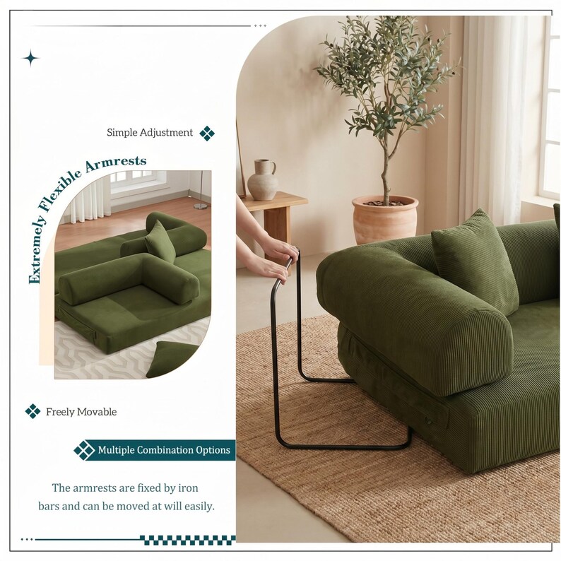 Modern green convertible folding sofa bed with ribbed corduroy fabric in a minimalist living room, featuring modular foam design, removable backrests, matching pillows, beige rug, and soft neutral decor near a large window.