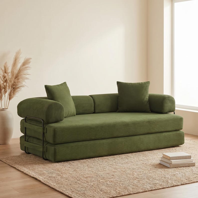 Modern green convertible folding sofa bed with ribbed corduroy fabric in a minimalist living room, featuring modular foam design, removable backrests, matching pillows, beige rug, and soft neutral decor near a large window.