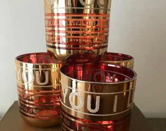 Vintage "I Love You" Pink And Gold Heart Valentines Drinking Glasses, Set Of 4