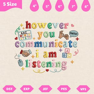 Op de afbeelding: Een borduurontwerp met de tekst "however you communicate i am listening" in kleurrijke, opgeblazen letters. Iconen zijn onder meer een AAC-bord, een handgebaar, een handdruk, een tekstballon met "Hello!", een computermuis en ABC-blokken.