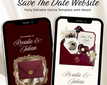 Puede incluir: Dos pantallas de smartphone que muestran una plantilla de sitio web Save The Date. El diseño presenta sobres de color burdeos oscuro, sellos de cera dorados, detalles florales y texto en caligrafía elegante que dice Rosalie & Julian. Incluye iconos de música, Canva, RSVP y cuenta atrás.