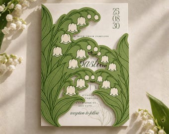 Puede incluir: Una tarjeta de invitación de boda rectangular con una superposición verde troquelada que muestra una ilustración de lirios de los valles. La tarjeta blanca muestra el texto 25 08 30, with their families, Bastian, 3 o'clock, afternoon, anywhere st, any city, y reception to follow.
