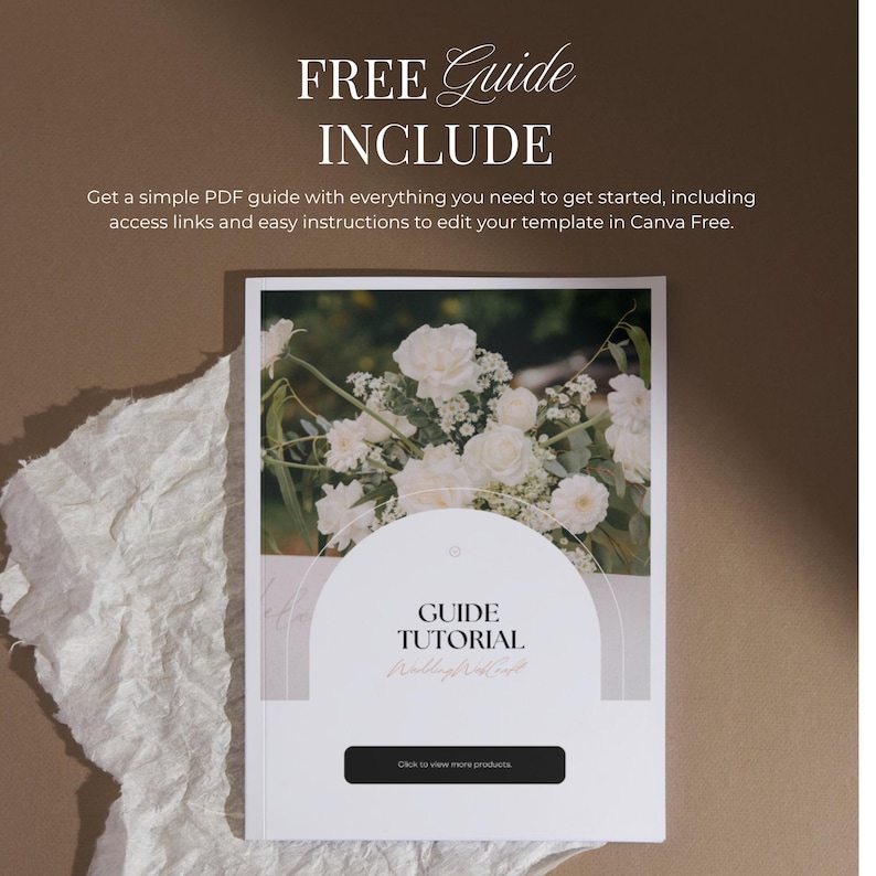 May include: A digital guide template featuring the text FREE GUIDE INCLUDE and GUIDE TUTORIAL. The design displays a white arch graphic over a photograph of white flowers and greenery. It includes instructions for editing in Canva Free.
