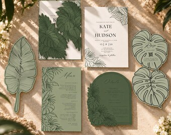 Tropical Leaf Wedding Invitation Jacket SVG Bundle |  7 Piece Template Set Cricut Print Then Cut | Editable with Canva | Instant Download