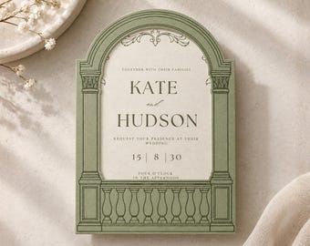 Puede incluir: Una tarjeta de invitación de boda arqueada en verde salvia con un centro crema. El diseño presenta columnas arquitectónicas y una balaustrada. El texto dice: Together with their families, Kate and Hudson, request your presence at their wedding, 15 8 30, four o'clock in the afternoon.