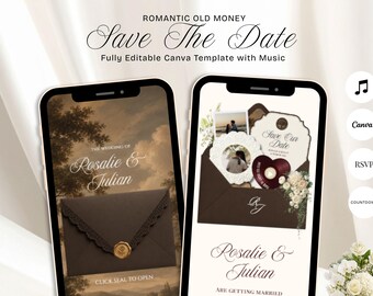 Sitio web de boda de la vieja aristocracia con confirmación de asistencia, invitación de boda en marrón oscuro, plantilla de lujo de Canva, música y temporizador de cuenta regresiva, tarjeta de "Reserva la fecha" editable.
