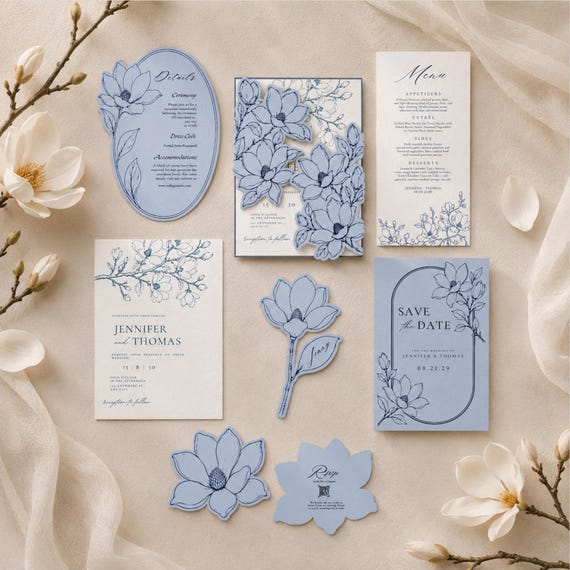 Magnolia Wedding Invitation Suite SVG Bundle |  8 Piece Template Set Cricut Print Then Cut | Editable with Canva | Instant Download