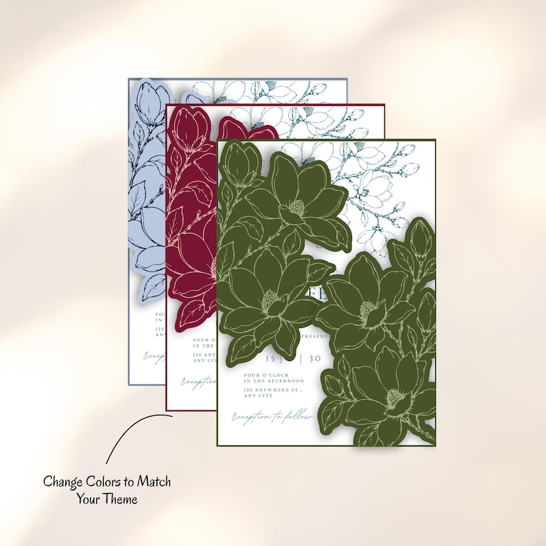 May include: Three rectangular wedding invitation cards featuring die-cut magnolia flower edges. The cards are layered in blue, burgundy, and olive green, each displaying white space with printed text and the phrase Change Colors to Match Your Theme.