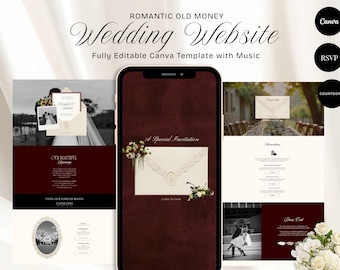 Puede incluir: Una plantilla de sitio web de bodas digital mostrada en la pantalla de un teléfono inteligente, con un fondo burdeos profundo, sobres color crema y detalles florales. El diseño incluye secciones para invitaciones y detalles del evento.