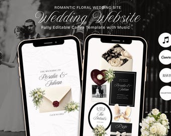 Puede incluir: Dos teléfonos inteligentes que muestran una plantilla de sitio web de bodas. Las pantallas muestran el texto "The Wedding of Rosalie & Julian", "The Details" y "RSVP", junto con gráficos de sobres, ramos florales, un corazón y palomas.