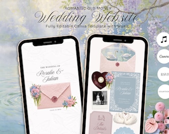 Puede incluir: Dos teléfonos inteligentes muestran una plantilla de sitio web de bodas con el texto ROMANTIC OLD MONEY Wedding Website Fully Editable Canva Template with Music. Las pantallas muestran sobres rosas, ramos, cisnes y detalles.