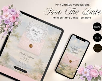 Puede incluir: Una plantilla de sitio web de bodas digital en una tableta y un teléfono inteligente, con detalles florales vintage en rosa, un gráfico de encaje en forma de corazón y un sobre rosa con sello de cera. Texto: "Pink Vintage Wedding Site", "Save The Date", "Rosalie & Julian".