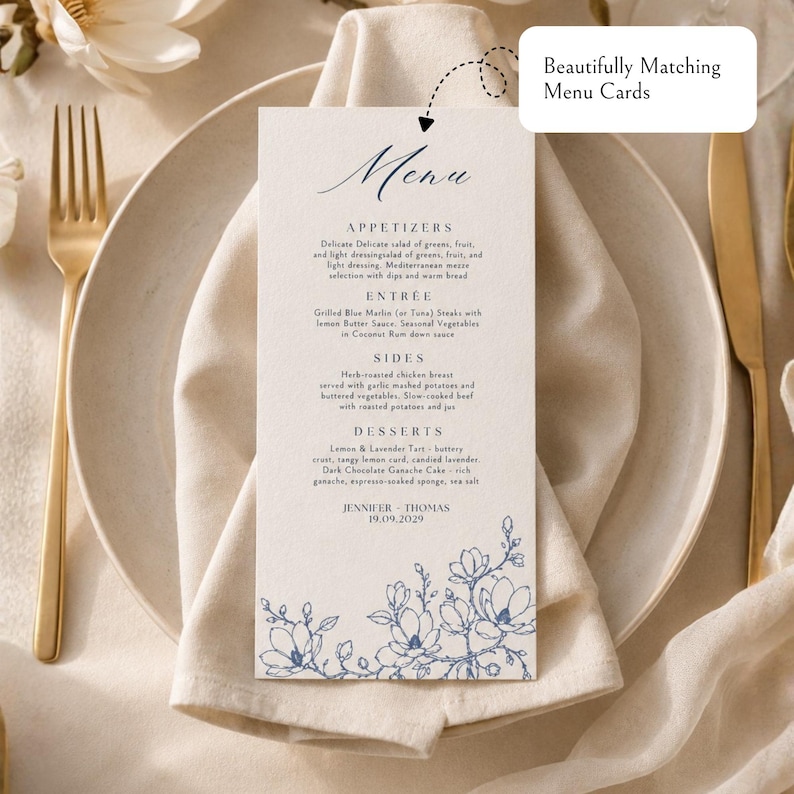 May include: A vertical rectangular menu card printed on off-white paper with dark blue text and a floral illustration at the bottom. The menu lists appetizers, entrees, sides, and desserts, with the names Jennifer and Thomas and the date 19.09.2029.