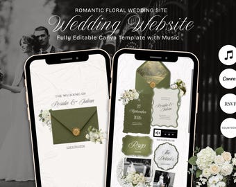 Plantilla de sitio web de boda de lujo en color verde oliva con confirmación de asistencia, música y sobre animado / Invitación editable en Canva