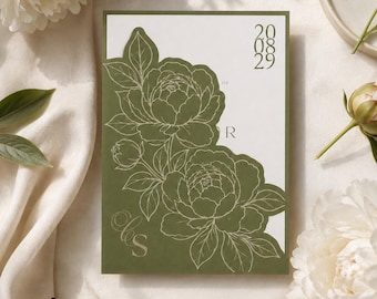 May include: A rectangular wedding invitation card featuring a white background with an olive green die-cut overlay. The overlay displays intricate line art of two large peony flowers and leaves, the letters "LS" in a script font, and the date "20 08 29".