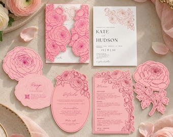 Puede incluir: Un conjunto de papelería de boda con tarjetas rosas y blancas con arte lineal floral. La colección incluye una invitación de puerta, una invitación rectangular para Kate y Hudson, una tarjeta de detalles ovalada, un menú y una tarjeta de nombre con forma de flor.