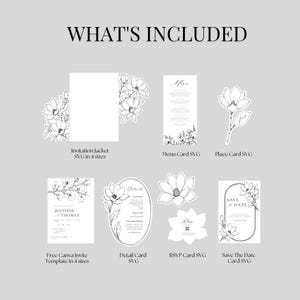 May include: A digital collection of wedding stationery templates featuring black and white line art of magnolia flowers. Includes an invitation jacket, menu card, place card, detail card, RSVP card, save the date card, and a Canva invite template.
