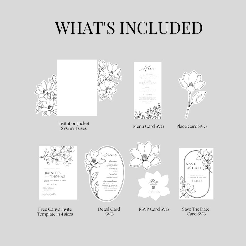 May include: A digital collection of wedding stationery templates featuring black and white line art of magnolia flowers. Includes an invitation jacket, menu card, place card, detail card, RSVP card, save the date card, and a Canva invite template.