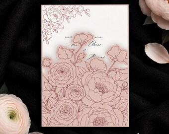 Plantilla SVG para funda de invitación de boda con diseño floral de peonías y ranúnculos / Plantilla para imprimir y cortar con Cricut / Editable con Canva / Descarga instantánea