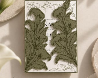 Puede incluir: Una tarjeta de invitación de boda rectangular con dos superposiciones de cartulina verde oliva troqueladas en forma de tallos y hojas de lirio de cala. La base blanca muestra arte lineal floral negro y texto impreso, con cricut template.