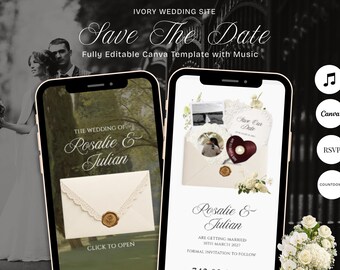 Puede incluir: Dos teléfonos inteligentes muestran una plantilla de invitación de boda digital titulada Ivory Wedding Site Save The Date. Las pantallas muestran un sobre con un sello de cera, los nombres Rosalie & Julian y detalles. Iconos de música, Canva, RSVP y cuenta atrás son visibles.