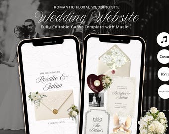Puede incluir: Dos smartphones muestran una plantilla de sitio web de bodas con elementos florales y los nombres "Rosalie & Julian." El texto incluye "Romantic Floral Wedding Site" y "Fully Editable Canva Template with Music."