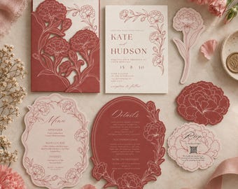 Puede incluir: Un juego de papelería de boda que incluye un sobre troquelado, invitación, menú y tarjeta de detalles en terracota y crema. Los artículos de papel están decorados con dibujos lineales de claveles y texto de la boda.
