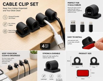 Cable Clip Organizer 5mm, 3D Printed Cable Holder Set, Cord Management, USB Wire Clip, Desk Cable Organizer